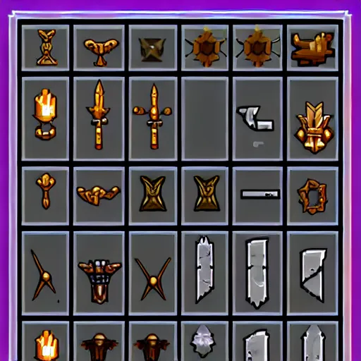 Prompt: game rpg spritesheet of magic weapons artifacts