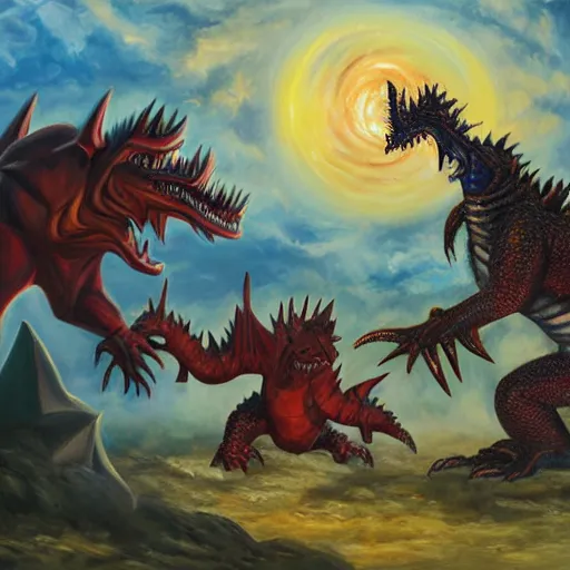 Image similar to dnd dracolich fighting a tarrasque, oil painting