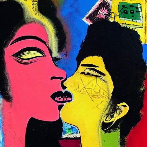 Image similar to beautiful painting of two bizarre psychedelic goth women kissing each other closeup in a cafe in japan, speculative evolution, mixed media collage by basquiat and jackson pollock, magazine collage art, sapphic art, lesbian art