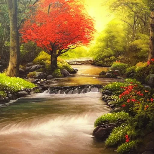 Prompt: Small cosy stream in city of the future in harmony with nature. Nice colour scheme, soft warm colour. Beautiful detailed painting by Lurid. (2022)