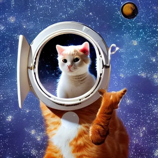 Prompt: astronaut cat on board the sputnik 2, holding a cute cat in his paws, earth can be seen from the round space window, realistic, photo, detailed