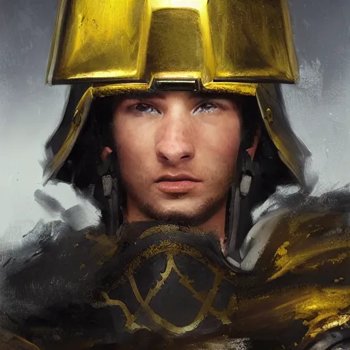 Image similar to Medium shot young idealistic and pious homely male Imperial soldier wearing a {black and yellow tabard} over a brown gambeson and a {realistic steel helm!!!!!}, by Raymond Swanland Greg Rutkowski Lise Deharm, {perfect face}, {perfect eyes}, {uncertain look}, {on edge}