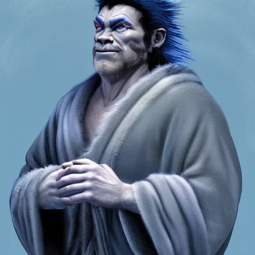 Image similar to Digital art portrait of a half-orc druid, wearing a long grey fur robe and holding a sphere of magical blue water 4k