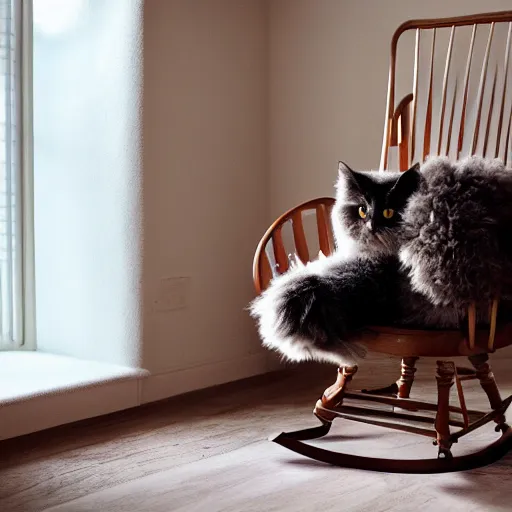 Prompt: A fluffy cat sitting in a Windsor chair, octane lighting