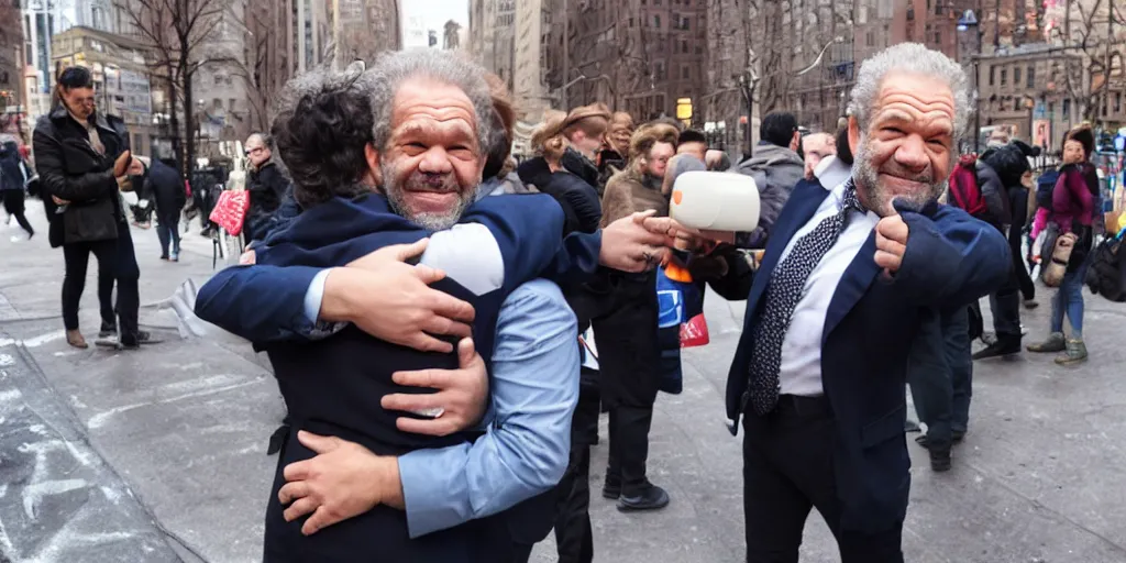 Prompt: Alan Sugar offering free hugs to people in the street, NYC, kindness