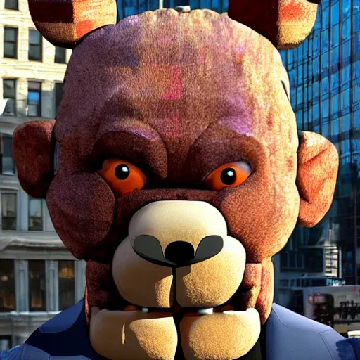 Image similar to giant Freddy Fazbear head in New York hyper realistic photo