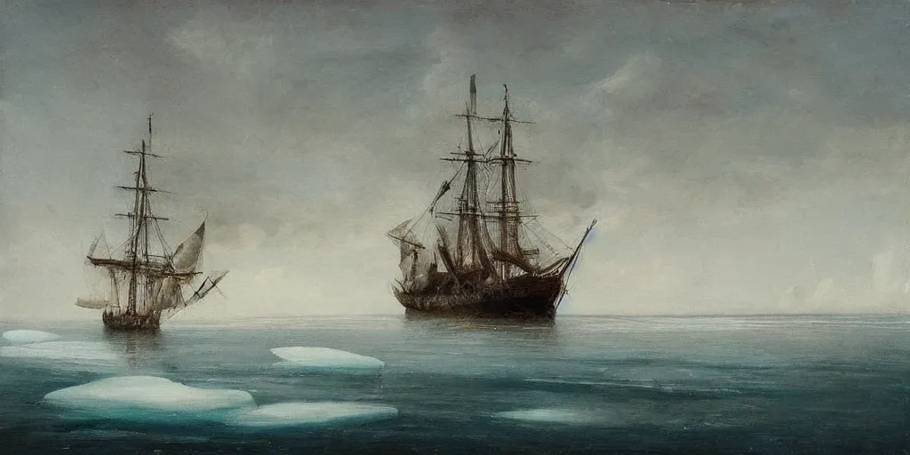 Prompt: “ a single 1 8 0 0 s sail ship stuck in solid white ice, frozen sea, overcast, sun dog, windswept and irregular ice, oil painting ”