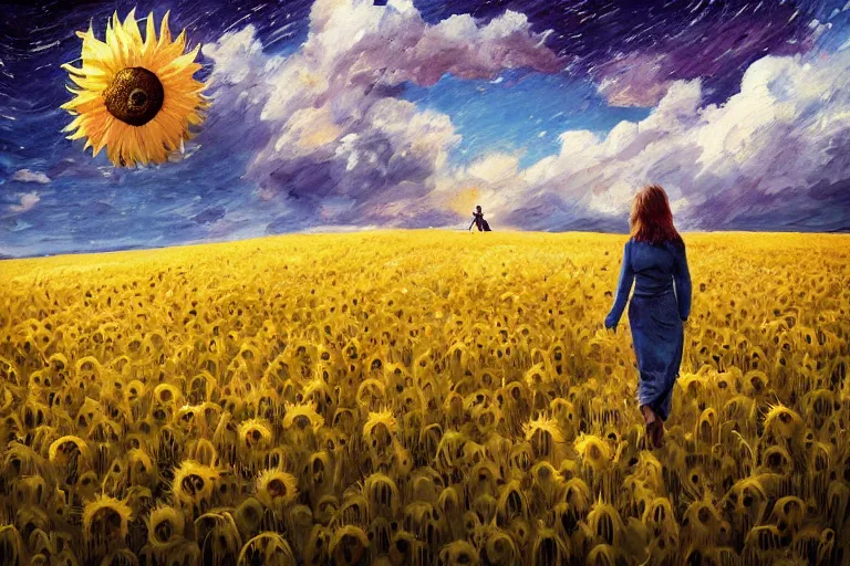 Image similar to giant sunflower as a head, girl walking in wheat field, hills, surreal photography, dark night, star trails, dramatic light, impressionist painting, clouds, digital painting, artstation, simon stalenhag