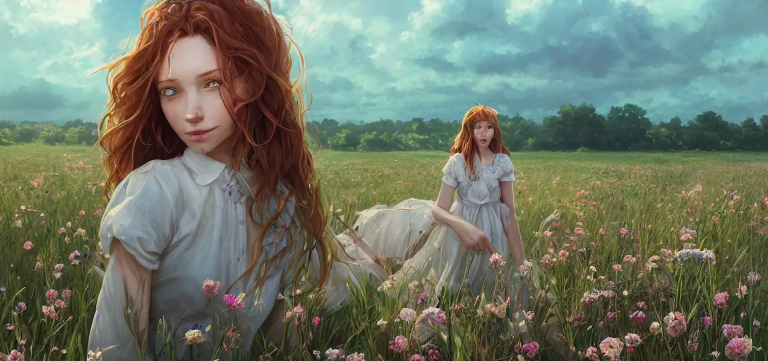 Image similar to a beautiful southern woman named Savannah, innocent, sad turquoise eyes, freckles, long ginger hair tied with white ribbon, relaxed in a field of flowers on a farm, gentle lighting, storm in the distance, somber, western clothing, dress, digital art by Makoto Shinkai ilya kuvshinov and Wojtek Fus, digital art, concept art,