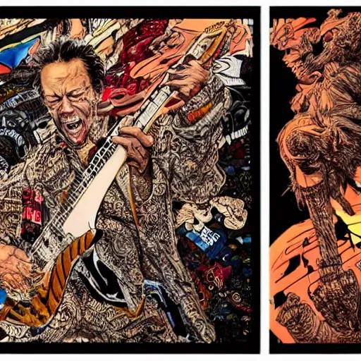 Image similar to A stunning illustration of eddie van halen playing guitar on stage, hyperdetailed mixed media artwork combining the styles of Micheal Kaluta and Geof Darrow, wild power, frantic excitement, emotional release, cathartic headbanging, perfectly symmetrical facial features, 8k, deeply detailed, cinematic lighting