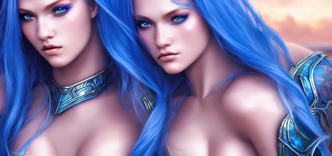 Image similar to close up portrait photo of a gorgeous female mermaid with long blue hair wearing metal armor in the style of stefan kostic, realistic, half body shot, sharp focus, 8 k high definition, insanely detailed, intricate, elegant, art by stanley lau and artgerm, extreme blur coral reef background