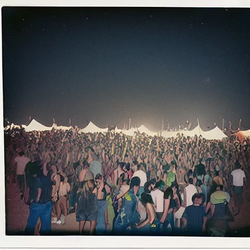 Image similar to rave party chill out zone from a 1970s festival in the desert, polaroid picture