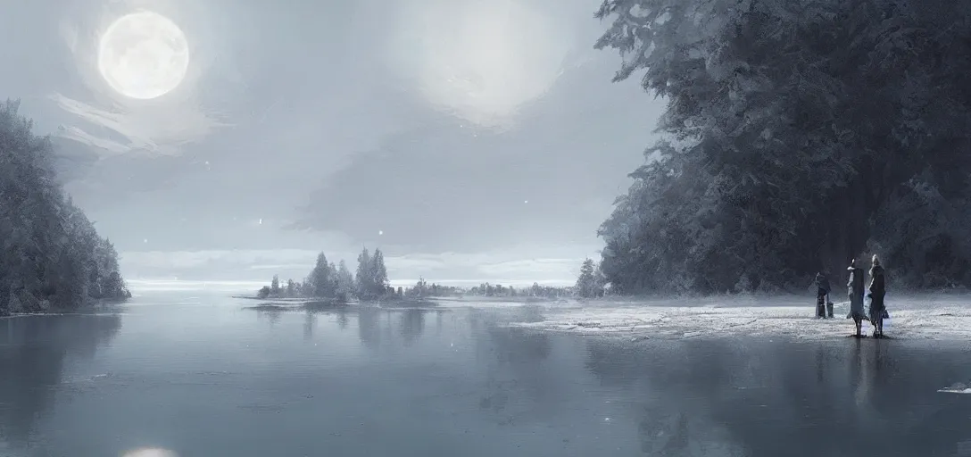 Image similar to lake in a totally white place with a moon in style of greg rutkowski, trending on artstation