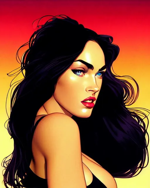 Image similar to low angle closeup beautiful very seductive megan fox retro scifi pinup, action glamour pose, windblown dark hair, hyper detailed, digital art, studio lighting, smooth, ambient volumetric lighting, sharp focus, frank miller, wlop, anna dittmann, moebius!, alphonse mucha, patrick nagle!!, rim lighting, synthwave