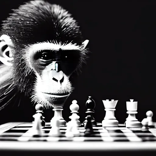 Image similar to black and white portrait photo of a monkey scratching his head, looking at a chess board, confused, annie liebovitz,