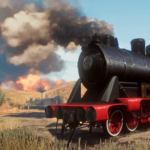 Image similar to futuristic sleek steam locomotive in red dead redemption 2