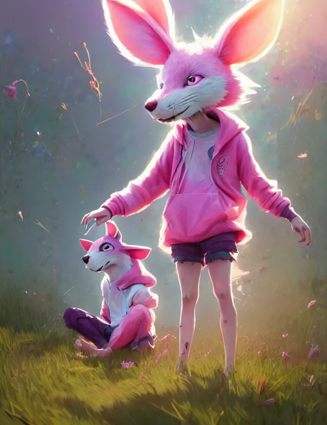 Prompt: beautiful cute boy with pink hair and pink wolf ears and barefoot and hoodie and leggings under shorts in a grass field. character design by cory loftis, fenghua zhong, ryohei hase, ismail inceoglu and ruan jia. artstation, volumetric light, detailed, photorealistic, fantasy, rendered in octane