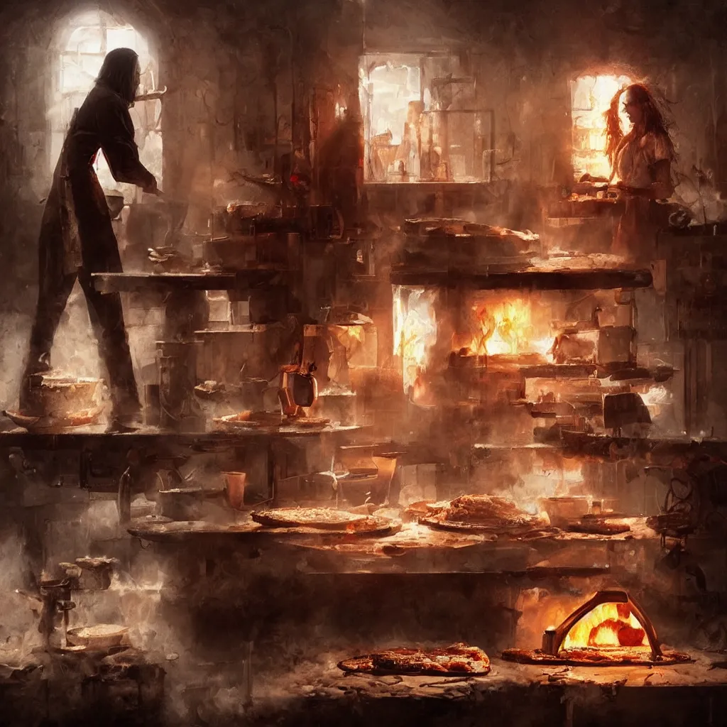 Image similar to a portrait of nick cave baking pizza, eerie colors, dramatic light, gorgeous view, depth, high detail, digital art, painted by greg rutkowski and seb mckinnon, trending on artstation