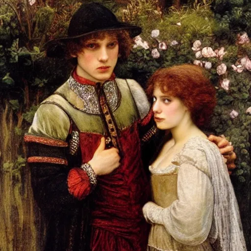 Prompt: juliet ( young natalie portman ) and romeo ( young jesse eisenberg ) in the 1 6 th century verone, tragic, theatrical, dramatic oil canvas by henry meynell rheam