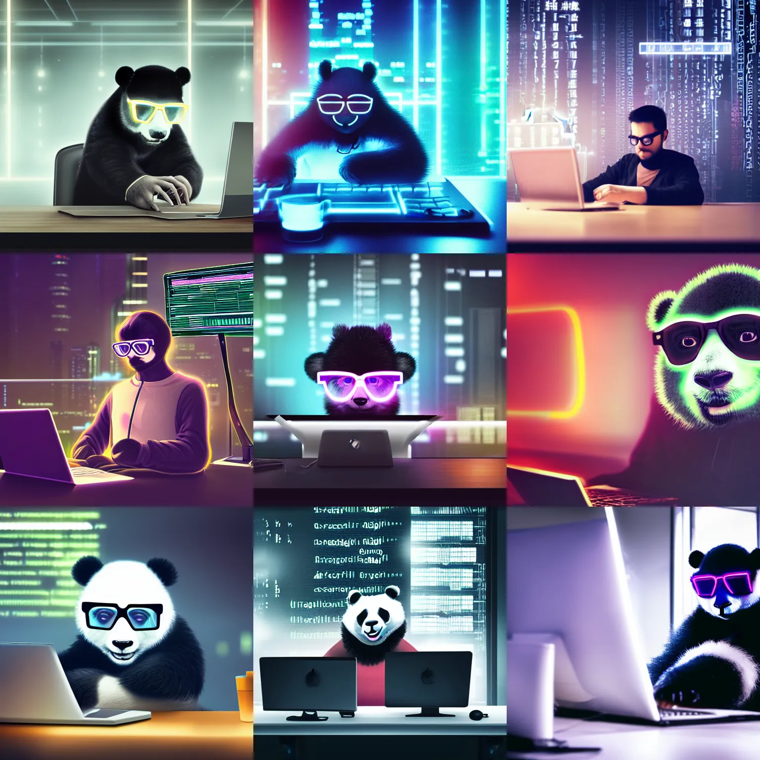 Prompt: a fluffy panda like a programmer wearing metal frame glasses is coding in front of the computer, foggy, mystery code, Cyberpunk, neon light, 4k, hd, highly detailed