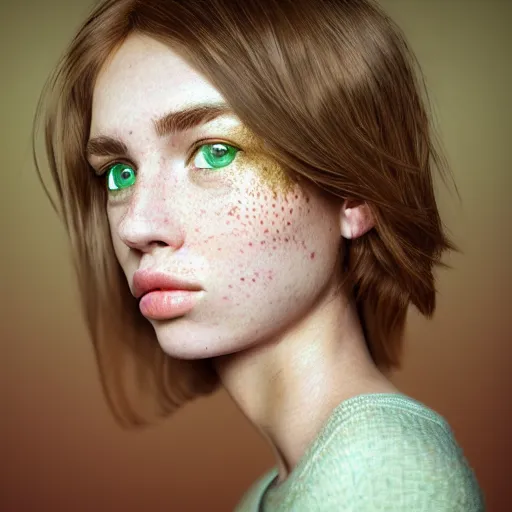 Image similar to intricate crisp portrait of a cute thin young woman, light bronze brown hair, very detailed emerald green eyes, red blush, light freckles, soft smile, casual clothes, relaxing on the couch, home interior, golden hour, close up shot, 8 k, art by irakli nadar, hyperrealism, hyperdetailed, ultra realistic