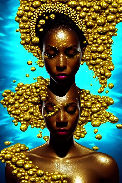 Image similar to hyperrealistic neo - dada cinematic very expressive! profile black oshun goddess, emerging from water!!, mirror dripping droplet!, gold flowers, highly detailed face, digital art masterpiece, smooth eric zener cam de leon, dynamic pearlescent turquoise light, low angle uhd 8 k, sharp focus