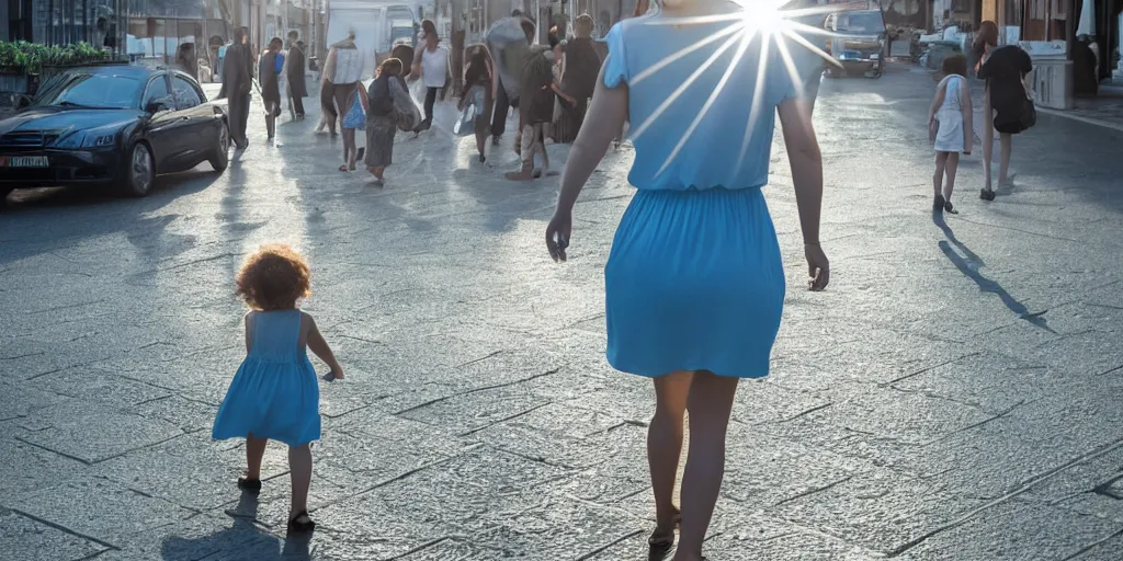 Prompt: woman and a child, european, blue sundress, walking in a street towards the rising sun, pavement, morning, wet ground, warm weather, hyperrealism, photography, extremely detailed, natural lighting, lens flare