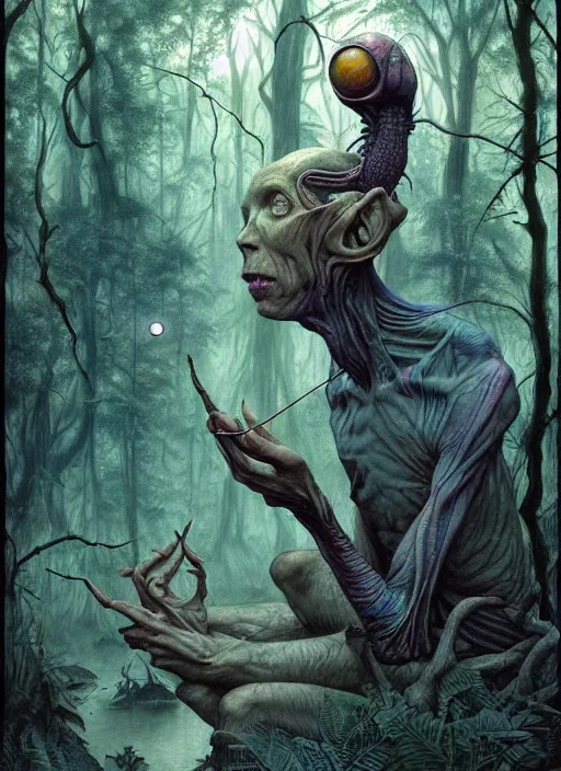 Image similar to hyper realistic magic alien in the woods in a river gorgeous lighting, lush forest foliage blue sky a hyper realistic ink drawing by chiara bautista and beksinski and norman rockwell and greg rutkowski, tom bagshaw weta studio, and lucasfilm