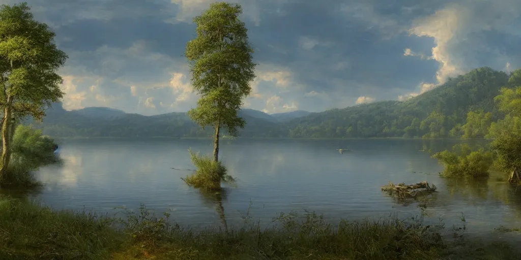 Image similar to a beautiful lake landscape in summer, by Ernest deutsch + Ted Nasmith, cinematic lighting, masterpiece, highly detailed, 8k resolution, trending on art station