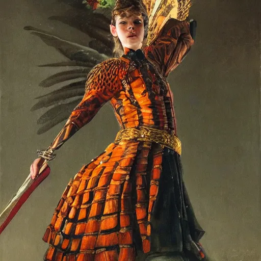 Image similar to a pheasant is girded with a belt, a sword hangs on the belt, by lily seika jones , rivuletpaper art, top cinematic lighting, cinematic mood, very detailed, shot in canon, by Viktor Vasnetsov, oil painting, harsh fairy tale, soft style, hyperrealism, beautiful, high resolution, trending on artstation,