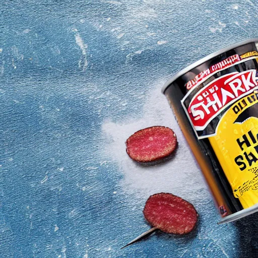 Image similar to Can of Shark SPAM, high quality photo advertisement with legible writing