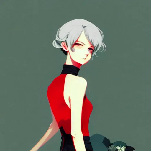 Prompt: elegent girl with gray hair and green eyes, wearing a red and black color dress, in the style of and ilya kuvshinov and greg rutkowski, high quality anime artstyle, intricate