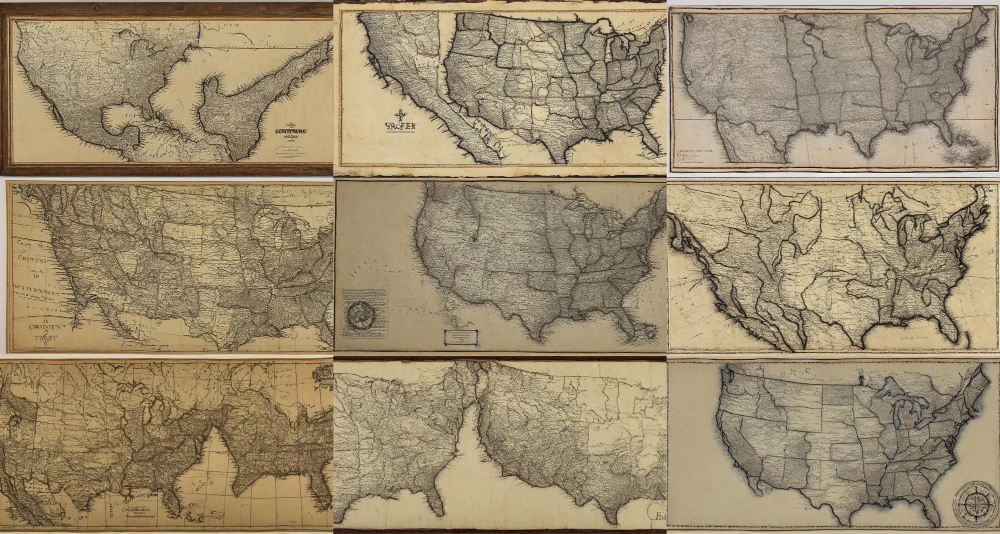 Prompt: Highly detailed hand-drawn map of the continental US on old parchment paper, crowquill pen, battered, coffee stains, draftsmanship, by Durer, by Brom, by Bierstadt,