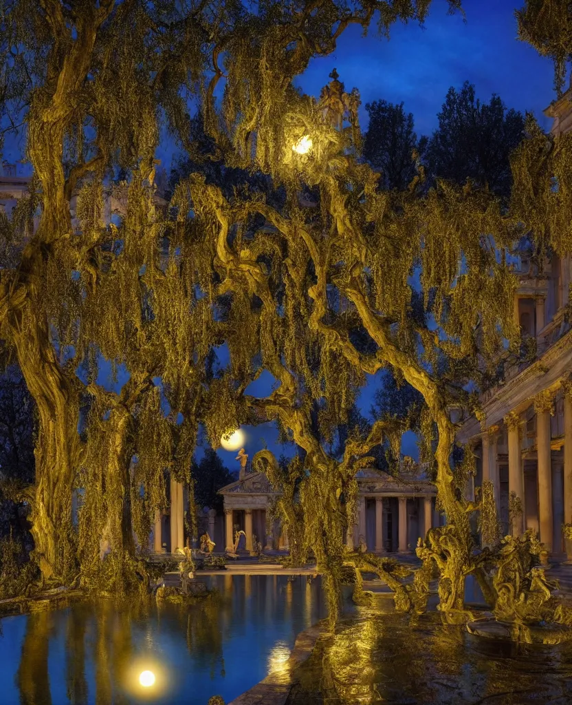 Prompt: photo of beautiful rococo courtyard under moonlight, large glowing moon, pool with rippling reflections, weeping willows and flowers, hellenistic sculptures, very romantic, archdaily,