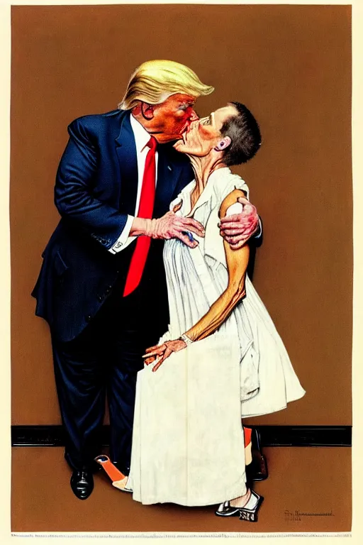 Prompt: norman rockwell painting of donald trump kissing donald trump