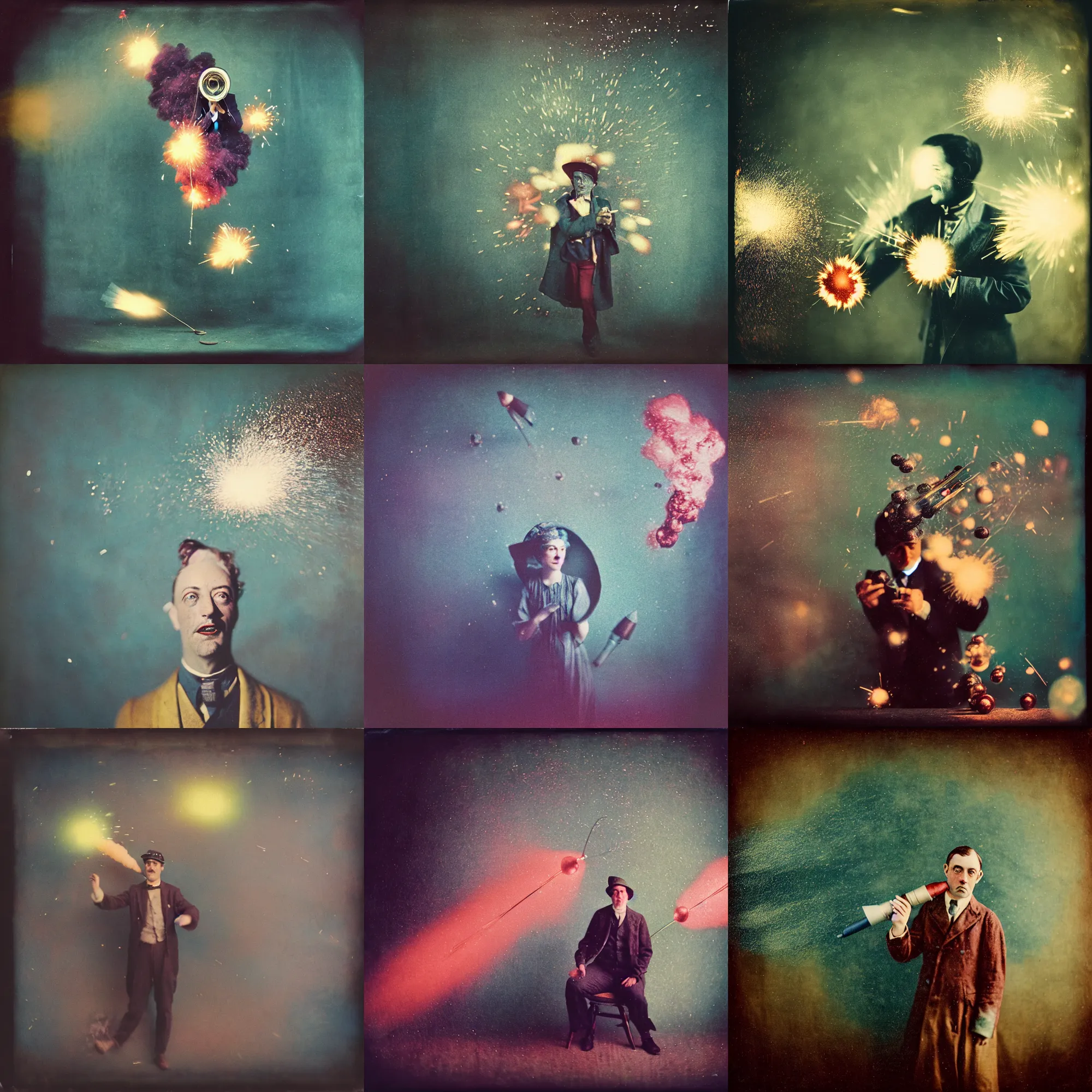 Image similar to kodak portra 4 0 0, wetplate, muted colours, blueberry, 1 9 1 0 s style, motion blur, portrait photo of a backdrop, explosions, rockets, sparkling, by georges melies and by britt marling