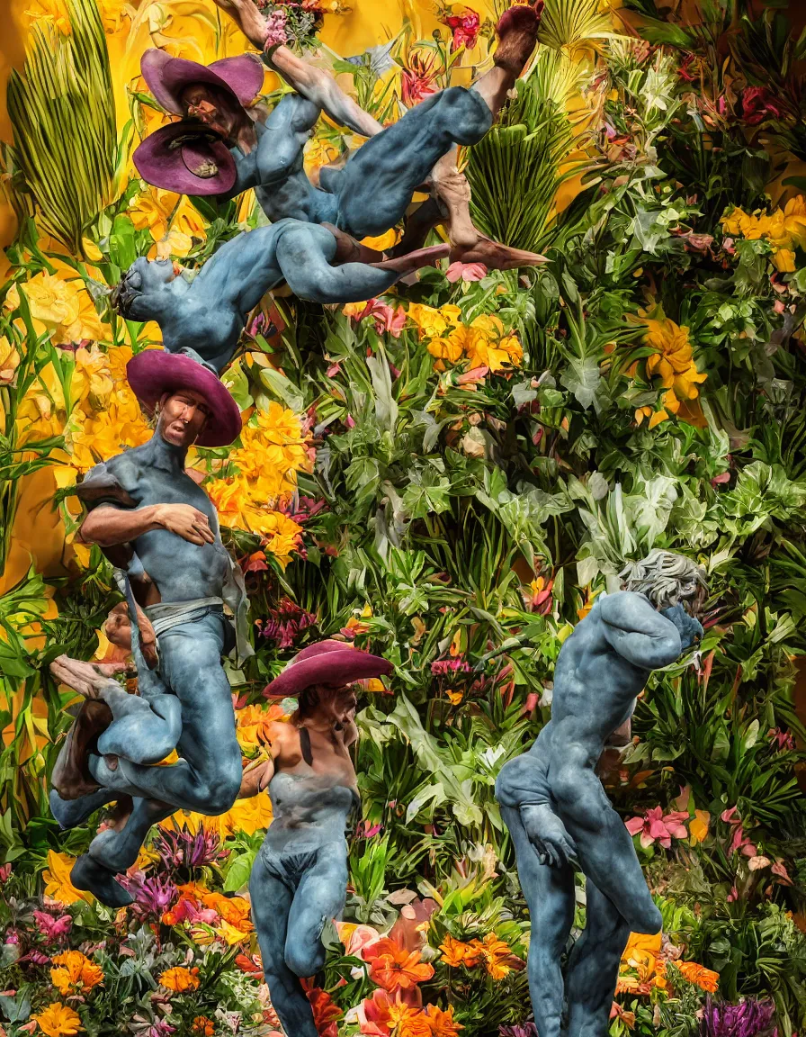 Prompt: a cowboy turning into blooms. studio photography. volumetric lighting, beautiful, sharp focus, ultra detailed. bold vibrant complementary colors. a cowboy with plants by frank frazetta, kai carpenter, syd mead, slim aarons, zhang kechun, lynda benglis. tropical sea slugs. 4 k, 3 5 mm, fujifilm, sculpture by antonio canova.