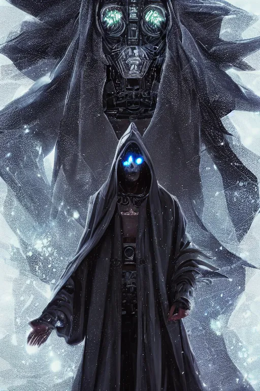 Prompt: a full body portrait of a mysterious cybernetic wizard with a very long hooded cloak made of stars and clouds, by maciej kuciara and jason chan, ominous, cosmic horror, trending on artstation, ultra detailed, hyper realistic 4 k, volumetric light