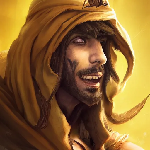 Image similar to portrait of young wild arabian nomad half werewolf, with yellow cloths, league of legends splash art, castlevania, hearthstone splash art, full body shot, rule of thirds, ultrafine hyperrealistic detailed face, artgerm, greg rutkowski, trending on artstation, 8 k, intricately detailed, highly detailed