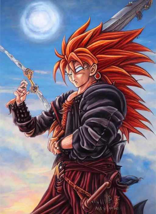 Image similar to epic fantasy portrait painting of a long haired, red headed male sky - pirate in front of an airship in the style of the dragonball