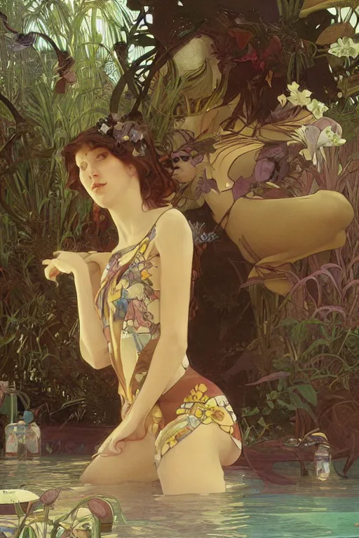 Image similar to summer swimming party, dark fantasy, composition by alphonse mucha, octane render