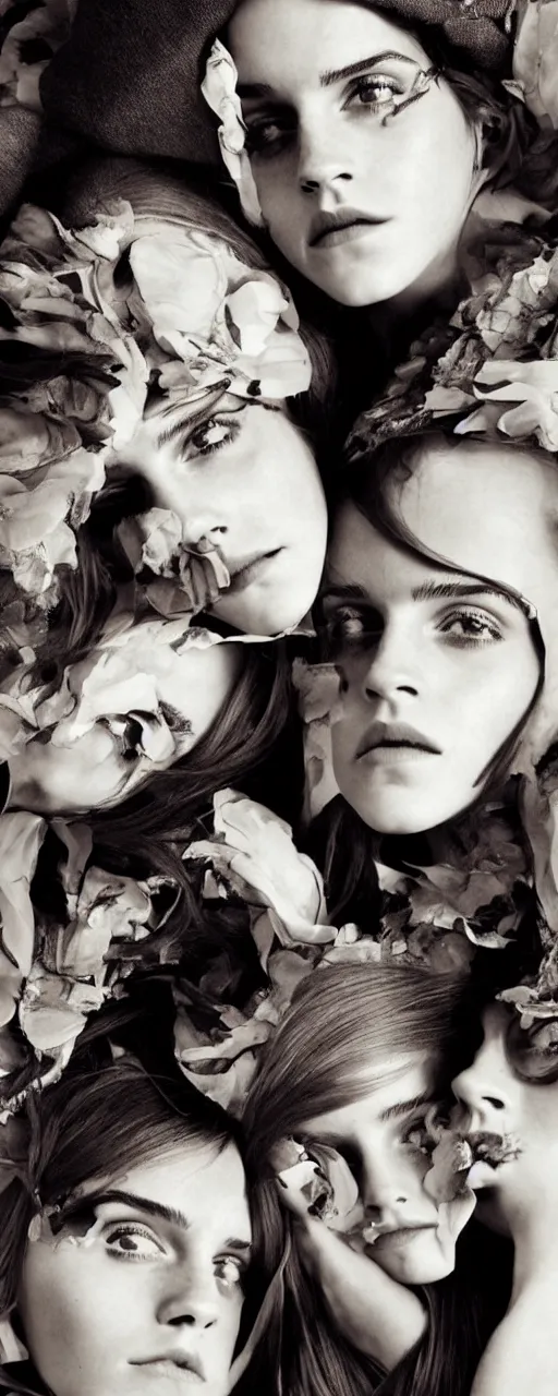 Prompt: Emma Watson and her twin sisters closeup face with pouting lips, shoulders, very long hair hair wearing an oversized Beret, wearing a mandelbrot fractal biomechanical sculpture mask, elegant Vogue fashion shoot by Peter Lindbergh fashion poses detailed professional studio lighting dramatic shadows professional photograph by Cecil Beaton, Lee Miller, Irving Penn, David Bailey, Corinne Day, Patrick Demarchelier, Nick Knight, Herb Ritts, Mario Testino, Tim Walker, Bruce Weber, Edward Steichen, Albert Watson