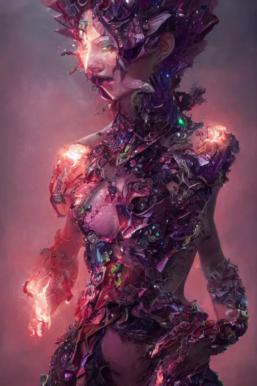 Image similar to torso closeup model wearing exploding flesh and blood crystal dress, sorcerer, diamonds, angel, fantasy, dramatic lighting, highly detailed, digital painting, holding electricity, magic the gathering, hyper detailed, 3 d render, hyper realistic detailed portrait, peter mohrbacher, wlop, ruan jia