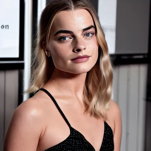 Image similar to a woman who is a genetic combination of margot robbie and emma watson face and upper - body focus