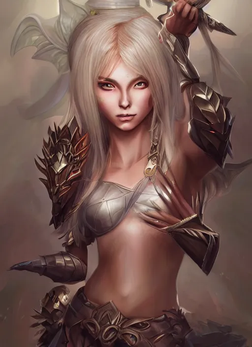 Image similar to beautiful fairy lady, blonde long hair, practical armor, brown skin, demonic eyes, low fantasy, extremely detailed, sharp focus, smooth, digital illustration, by rossdraws, frank franzzeta, sakimichan