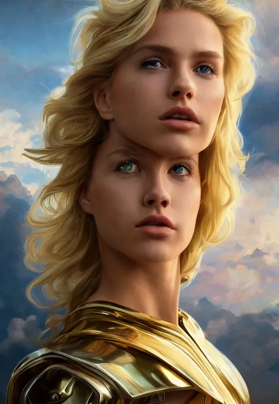 Image similar to A beautiful fierce photogenic blonde-haired angel wearing metallic battle armor, posing heroically with heavenly sunlit clouds in the background, close-up shot, elegant, digital painting, golden hour, cinematic, epic, trending on artstation, concept art, smooth, sharp focus, illustration, art by artgerm and Greg Rutkowski and Alphonse Mucha