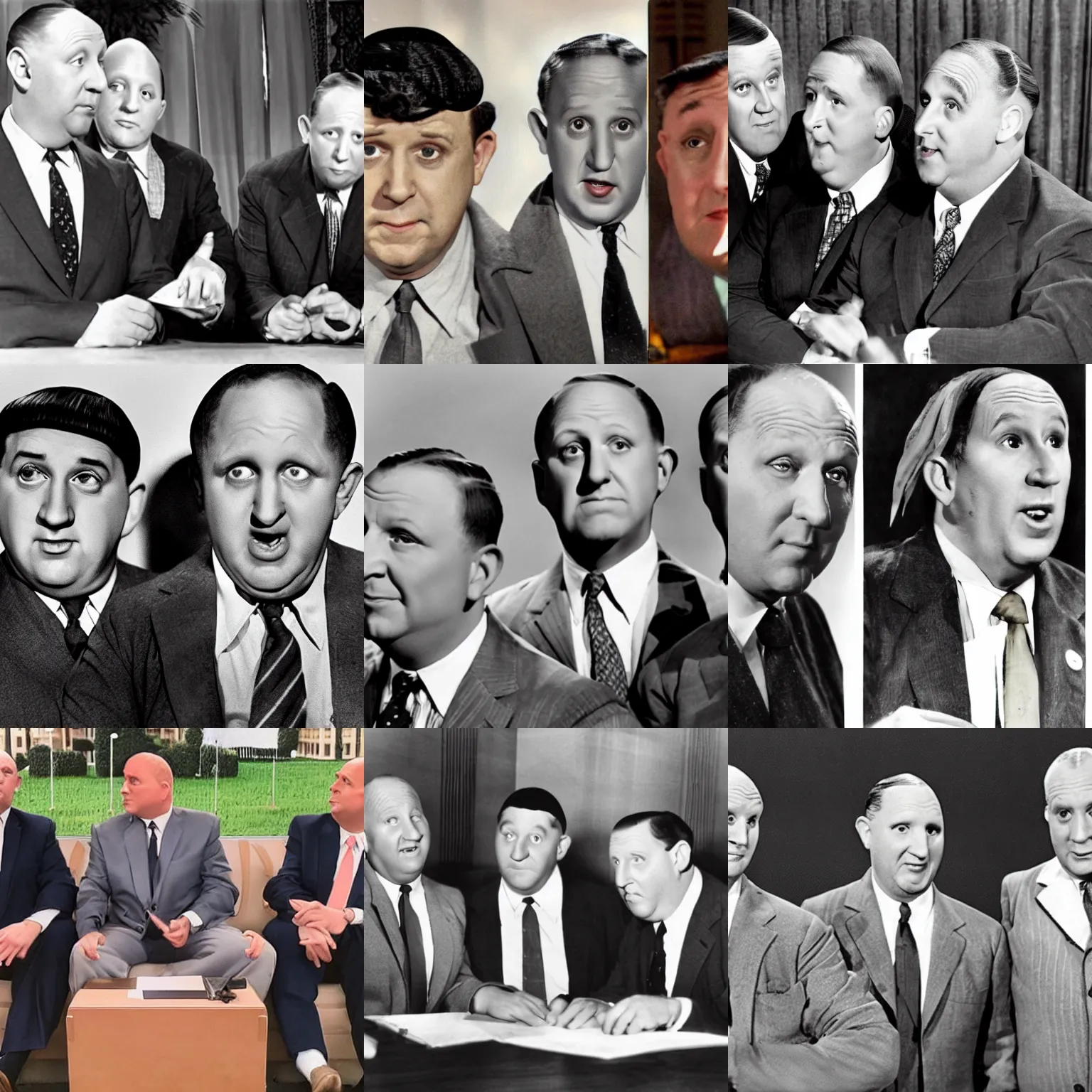 Prompt: ' the three stooges as government officials trying to sanction a smart contract'