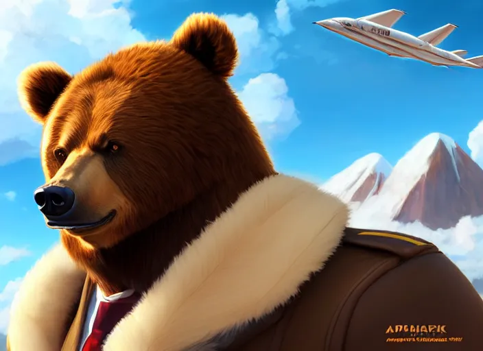 Image similar to character portrait feature of the anthro male anthropomorphic kamchatka brown bear fursona wearing airline pilot outfit uniform professional pilot for the us air force character design stylized by charlie bowater, ross tran, artgerm, and makoto shinkai, detailed, soft lighting, rendered in octane, maldives in background