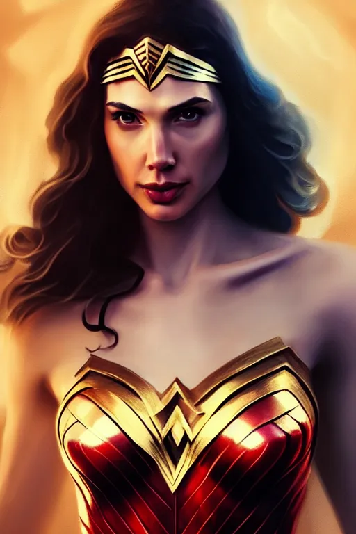 Image similar to Portrait of a beautiful pale skin Nordic female gal gadot as a wonder woman, elegant, photorealistic, highly detailed, artstation, smooth, sharp focus, gold ornaments, neon lighting, sci-fi, art by Klimt