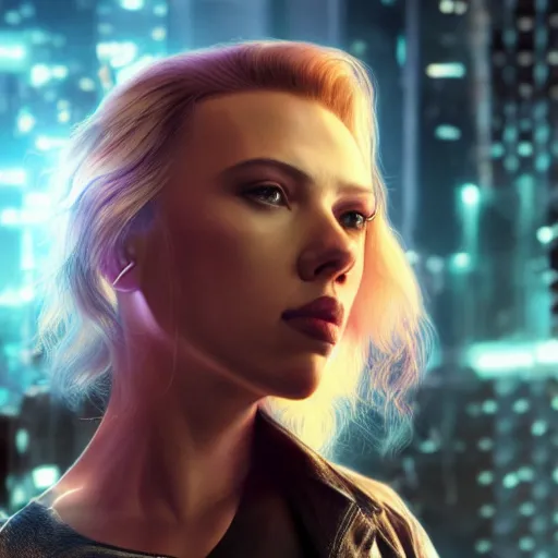 Prompt: scarlett johansson in cyberpunk, render